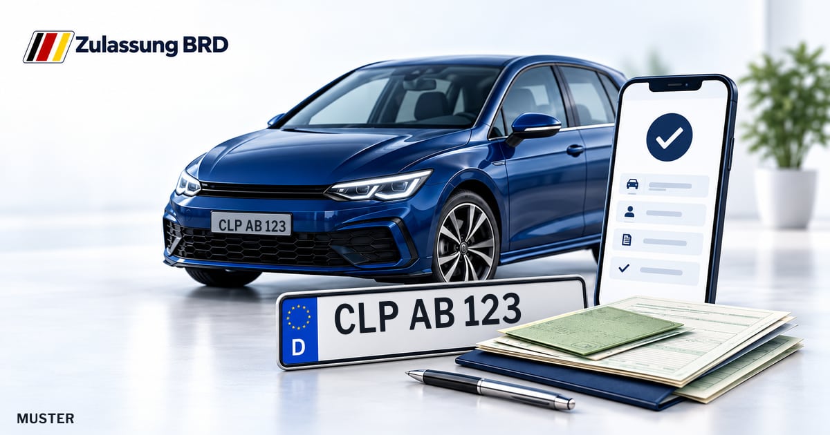 Online Fahrzeugzulassung in Friesoythe: Musterkennzeichen CLP AB 123, Auto und Fahrzeugpapiere und Smartphone. Illustration mit Logo von Zulassung BRD.